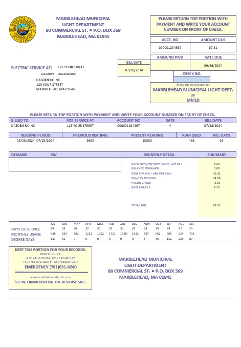 USA Marblehead Municipal Light Department business utility bill template in Word and PDF formats